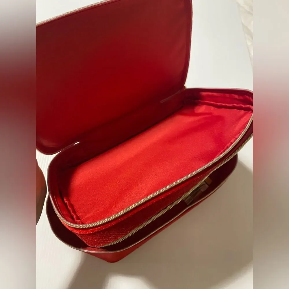 Estee Lauder Luxurious Red velvet velour bow Cosmetic makeup Case travel bag NEW